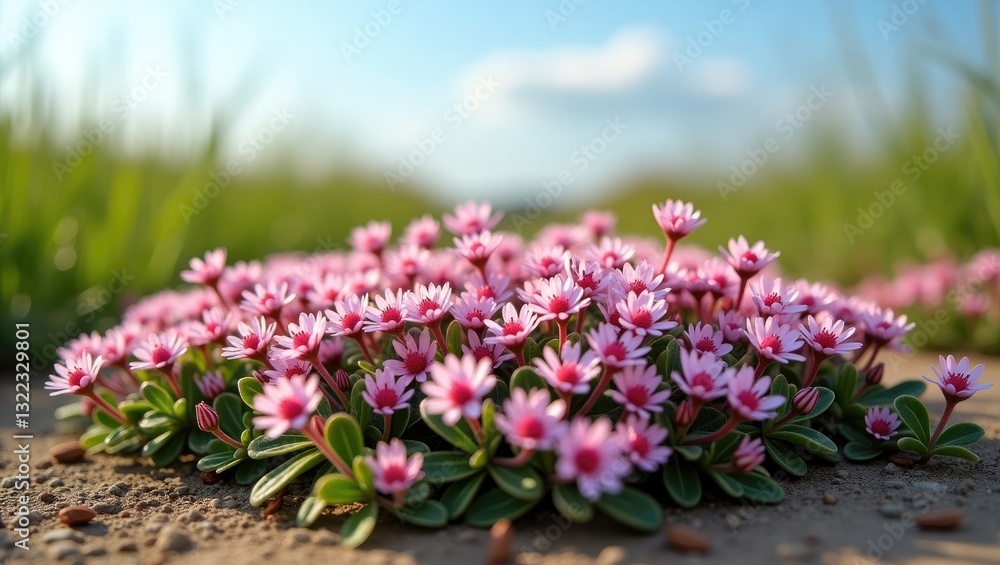 Obraz premium Medicinal and food herb Thymus serpyllum, creeping thyme flowers in close-up. Natural remedy. Culinary herb and aromatic spice in its environment.
