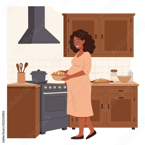 Pregnant woman cooking in a cozy kitchen with minimalistic flat design vector art