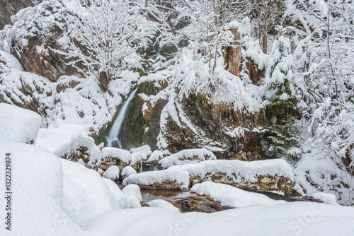 Obraz na płótnie Mountain river in winter, water flows down the riverbed over snow-covered rocks. Winter landscape on a mountain hiking trail. w salonie