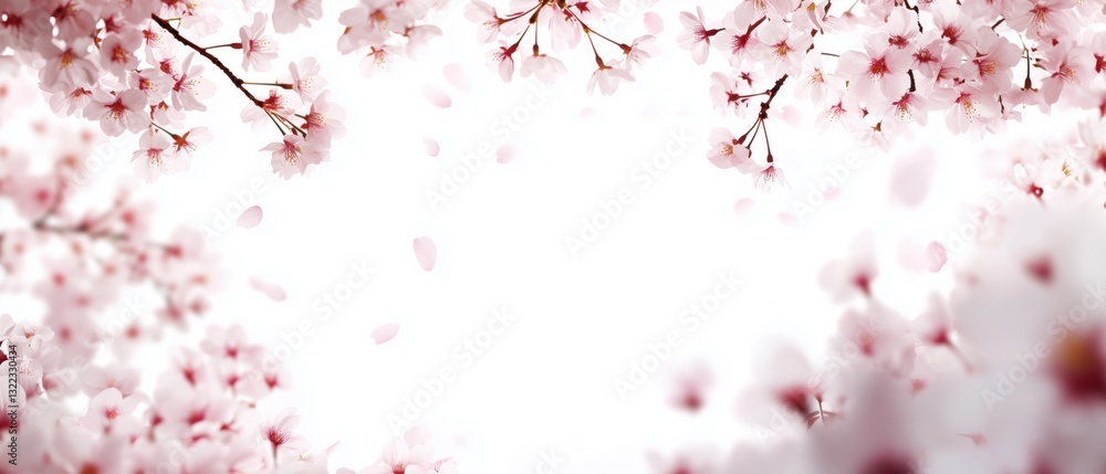 Delicate Cherry Blossoms with Falling Petals on White Background Delicate Cherry Blossoms with Falling Petals on White Background