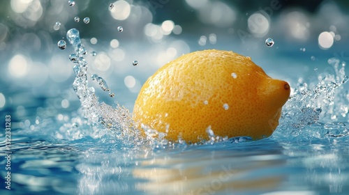 A vibrant yellow lemon, a burst of citrusy energy, plunged headfirst into the crystal clear depths of a tranquil swimming pool, creating a mesmerizing splash of bubbles that danced on the surface
