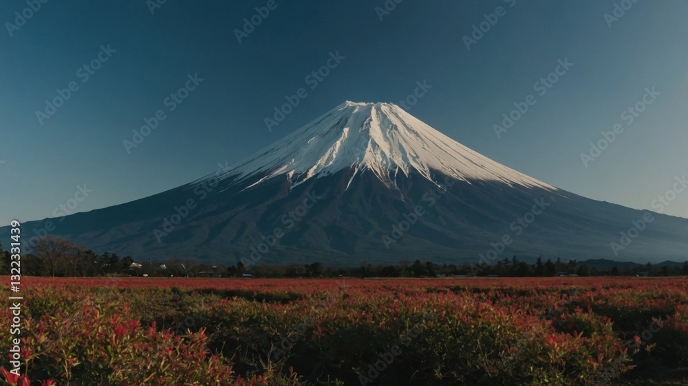 Fototapeta premium The soft glow of sunrise casting a warm light on the snow-covered peak of mount fuji and the surrounding landscape