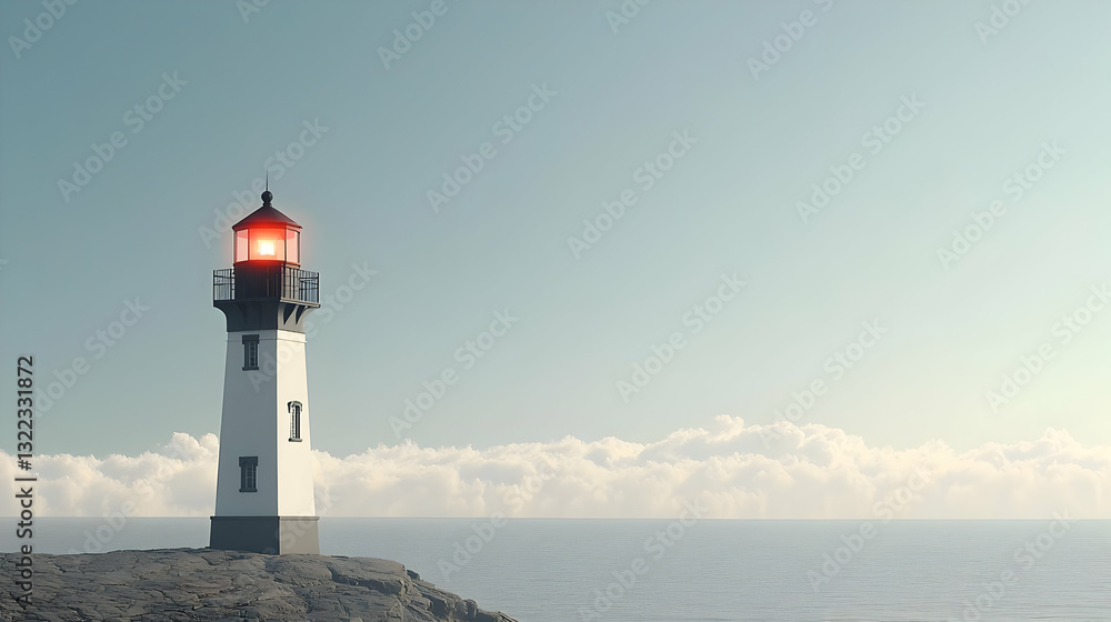 3D Render of a White Lighthouse on a Rocky Coast with a Glowing Red Light at Sunset Over a Calm Ocean with Clouds