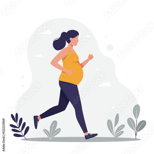 Pregnant woman jogging in a minimal flat style vector illustration