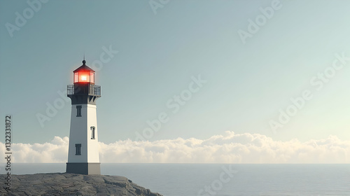 Wallpaper Mural 3D Render of a White Lighthouse on a Rocky Coast with a Glowing Red Light at Sunset Over a Calm Ocean with Clouds Torontodigital.ca