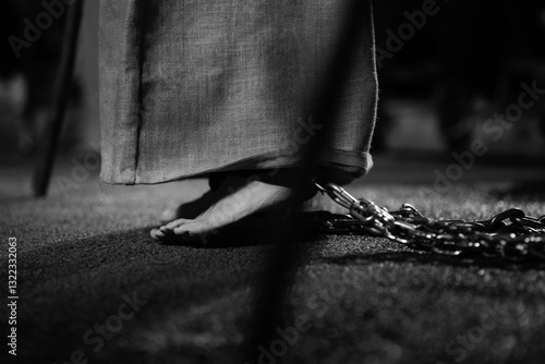 Close up of feet shackled in chain symbolizing penance in holy week