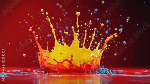A vibrant splash explosion, where red and yellow paint, two bold brothers, collide with gusto in a chaotic dance of color, their pigments mingling in an explosion of joyful anarchy.