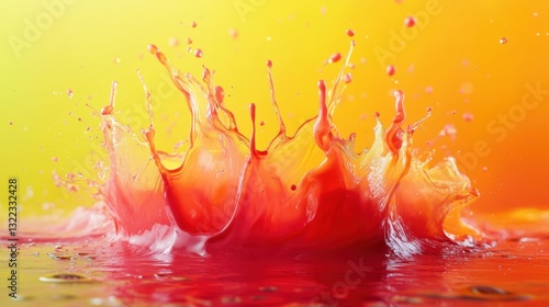 A vibrant splash explosion, where red and yellow paint, two bold brothers, collide with gusto in a chaotic dance of color, their pigments mingling in an explosion of joyful anarchy.