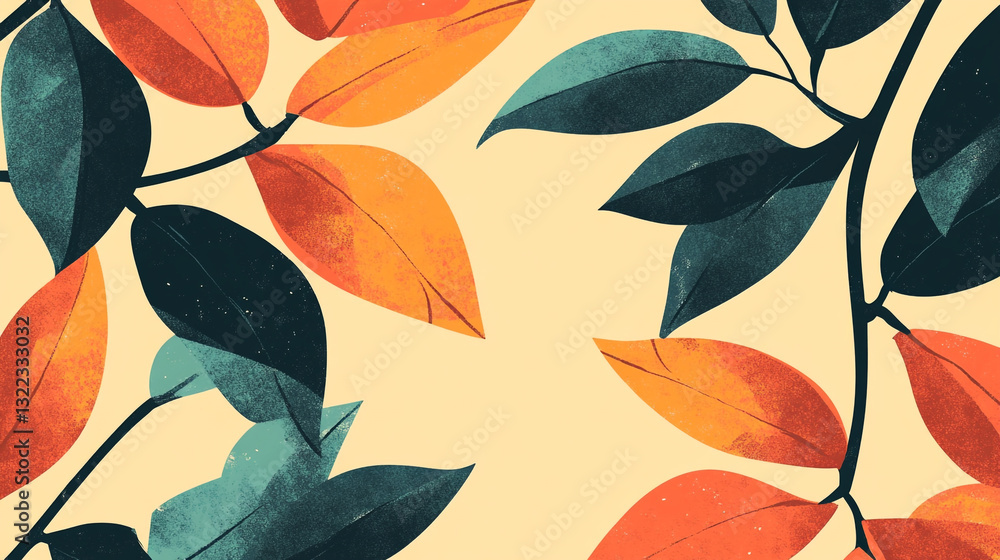 Obraz premium Abstract autumn leaves orange teal green botanical illustration art fall plant style decor image