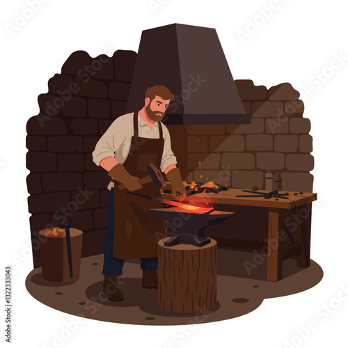 Blacksmith forging metal in a rustic workshop, flat design vector art