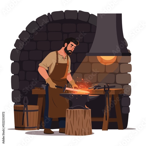 Blacksmith working in a forge with glowing metal in flat vector art