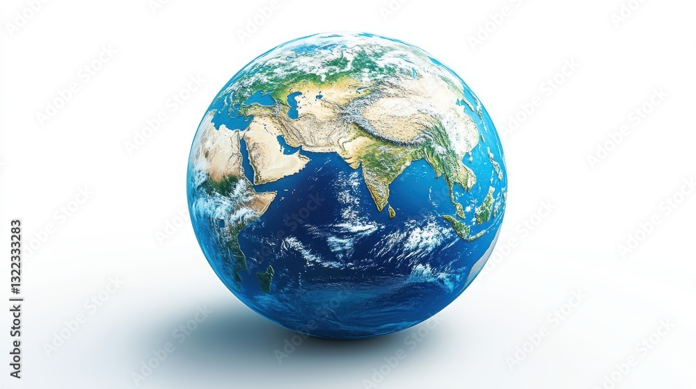 A detailed 3D illustration of Earth, with Asia prominently featured as a vibrant, blue sphere, its continents and oceans clearly defined. A detailed 3D illustration of Earth, with Asia prominently featured as a vibrant, blue sphere, its continents and oceans clearly defined.