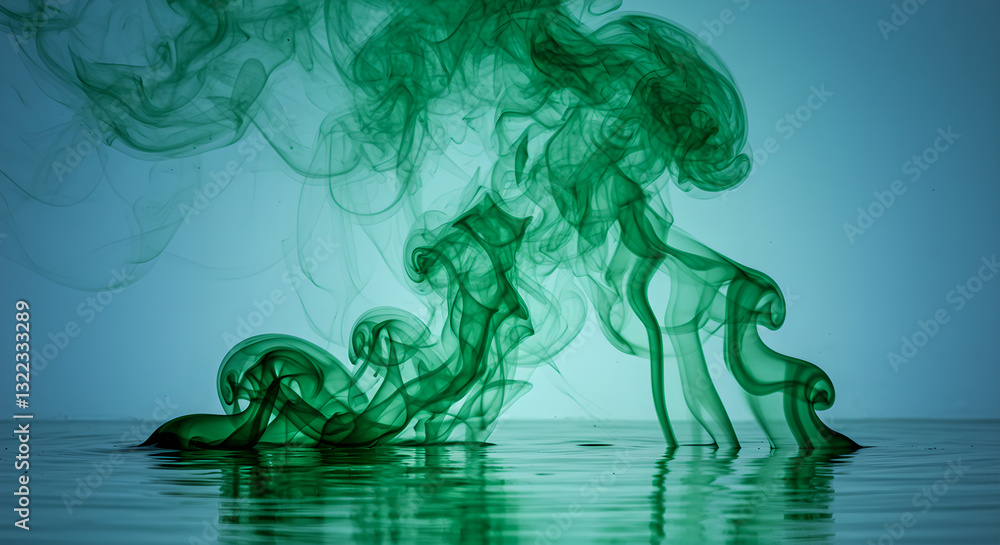 Fototapeta premium Green smoke flowing into calm water with reflection, creating an artistic visual for tranquility backgrounds and relaxation themes