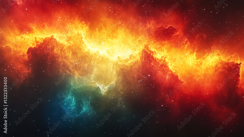 Fototapeta premium Colorful space scene with a bright orange cloud in the middle. The colors are vibrant and the scene is full of energy