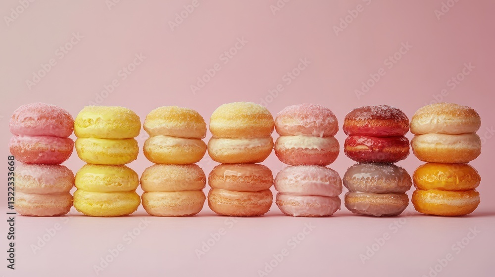Colorful donuts stacked on pink background. Colorful donuts stacked on pink background.