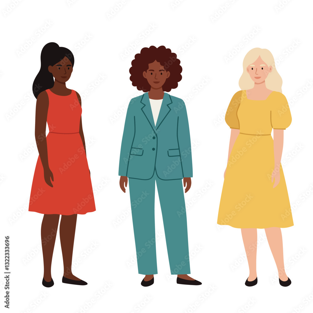 Three women in fashionable outfits showcasing diverse styles in flat vector illustration Three women in fashionable outfits showcasing diverse styles in flat vector illustration