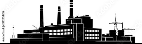 Outline illustration of an industrial factory with chimneys minimal vector design.