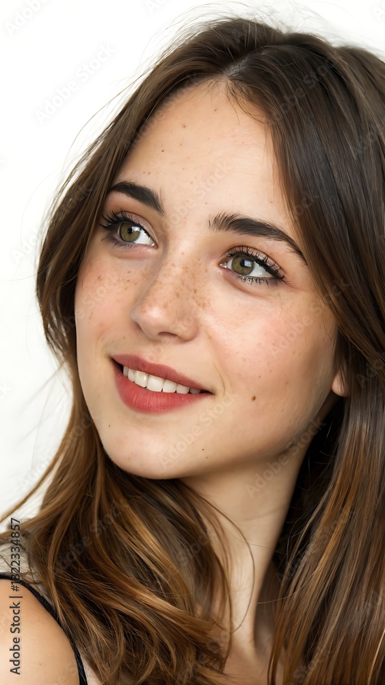 Close-Up Portrait of a Smiling Woman with Natural Makeup and Soft Hair Close-Up Portrait of a Smiling Woman with Natural Makeup and Soft Hair