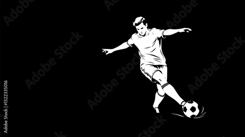 Outline illustration of a football player kicking a ball minimal sports vector design.
