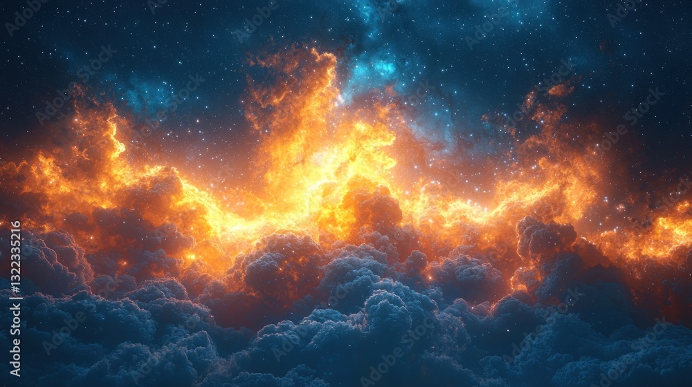 Fototapeta premium Fiery cloudscape against a starry night sky.