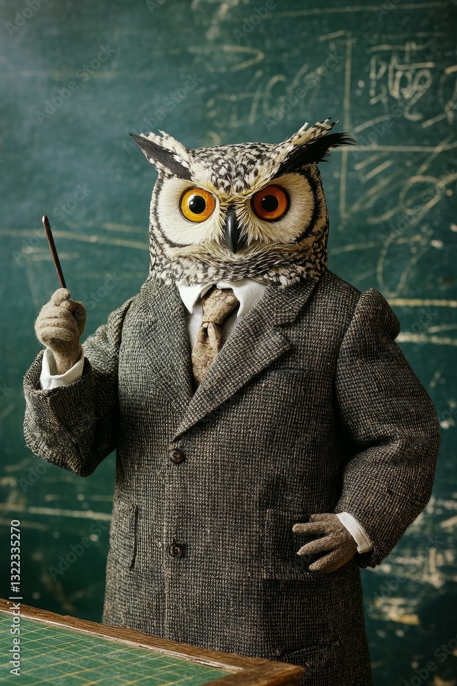 owl teacher in a suit with glasses points to the school desk with a pointer