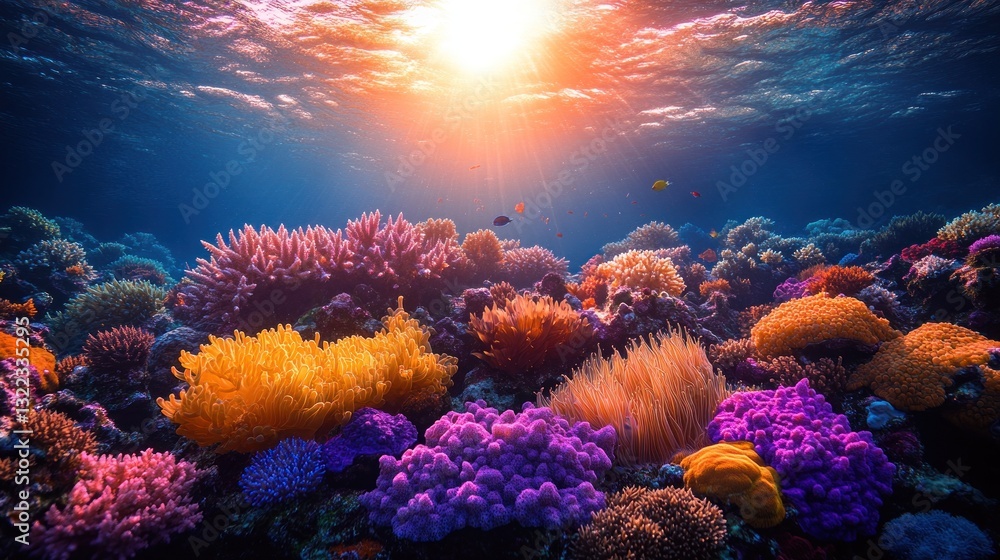 Naklejka premium Vibrant coral reef sunset underwater ocean scene
