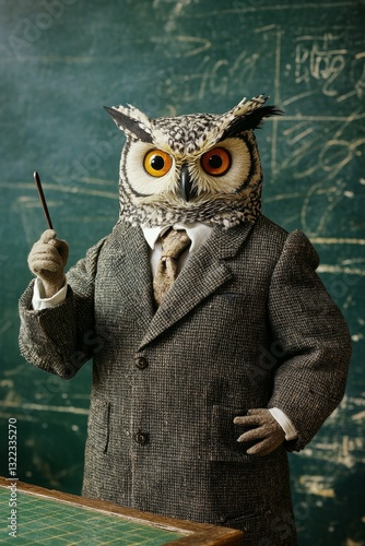 Obraz na płótnie owl teacher in a suit with glasses points to the school desk with a pointer w salonie