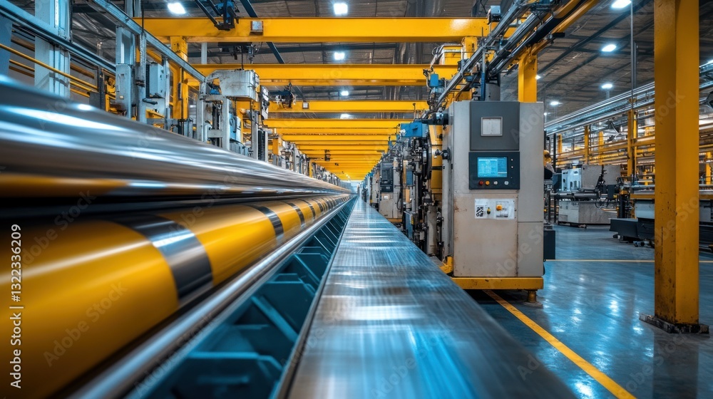 Fototapeta premium Industrial Factory Production Line: Yellow and Steel Rollers in Motion