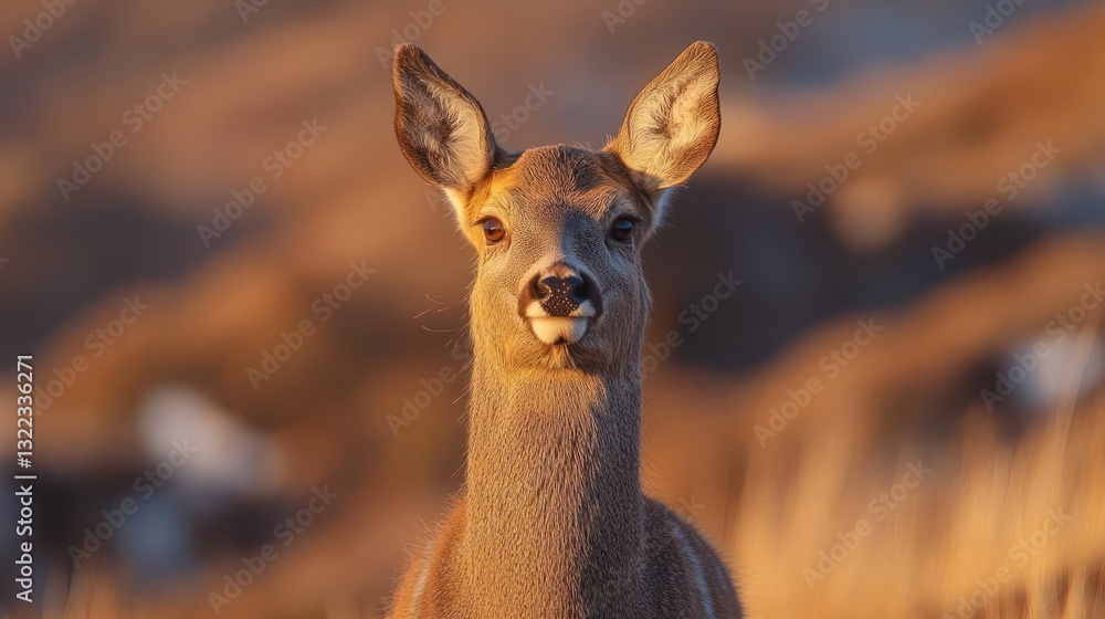 Obraz premium Close-up of a young deer in a field at sunset.