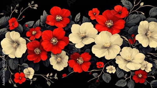 Wallpaper Mural Seamless floral pattern with red and white flowers on black background. Torontodigital.ca