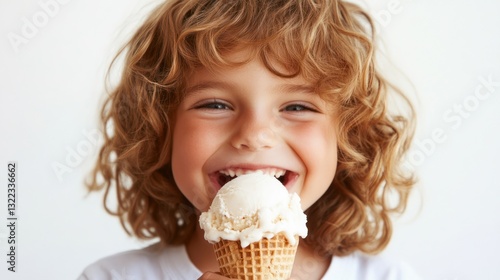 Happy child with curly hair eating ice cream cone.
