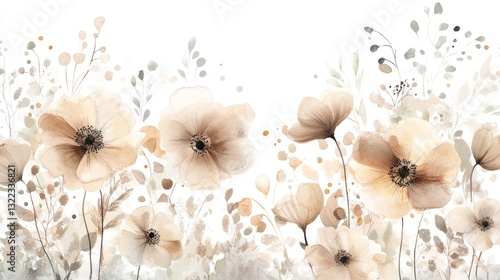 Delicate pastel floral border.  Soft beige and cream flowers and leaves, watercolor style