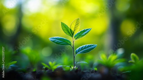 Vibrant green new life sprout growing in lush forest sunlight leaf tree plant fresh young macro image