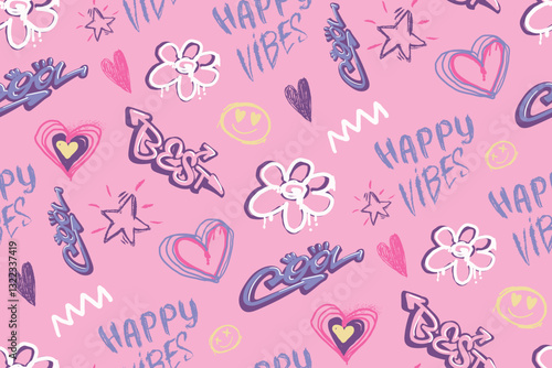 Pink seamless pattern with LOVE lettering, sketch hearts, grunge flowers. Romantic print. Girlish repeat print for textile, clothes, wrapping paper.