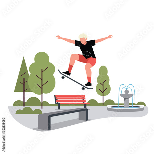 Skateboarder jumping over a park bench in a flat vector illustration