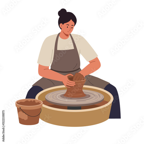 Potter shaping clay on wheel in flat vector illustration style