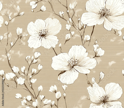 Floral outlines in light taupe with white flowers and delicate buds, Seamless Pattern Style.