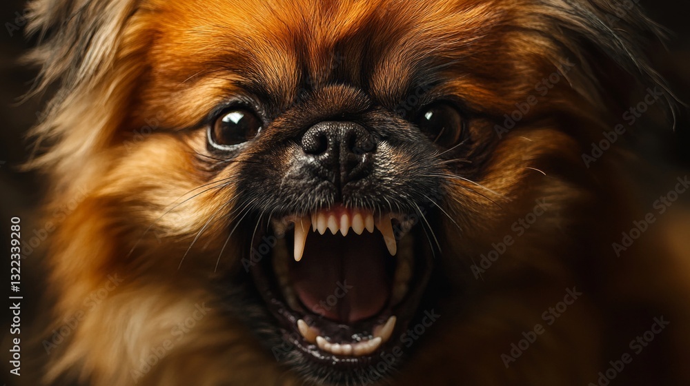 Aggressive Pekingese Dog in Hyperrealistic Epic Scene with Clean Lines and Detailed Texture Aggressive Pekingese Dog in Hyperrealistic Epic Scene with Clean Lines and Detailed Texture