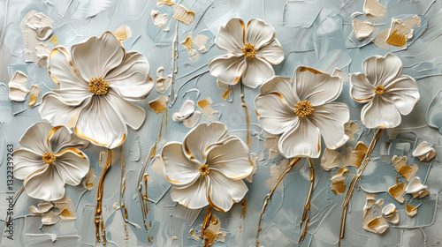 Fototapeta Naklejka Na Ścianę i Meble -  Elegant 3D floral painting with gold accents , modern wall art, Beautiful spring white flower with golden leavs on decorative background as wallpaper illustration, Elegant White Gold Flower