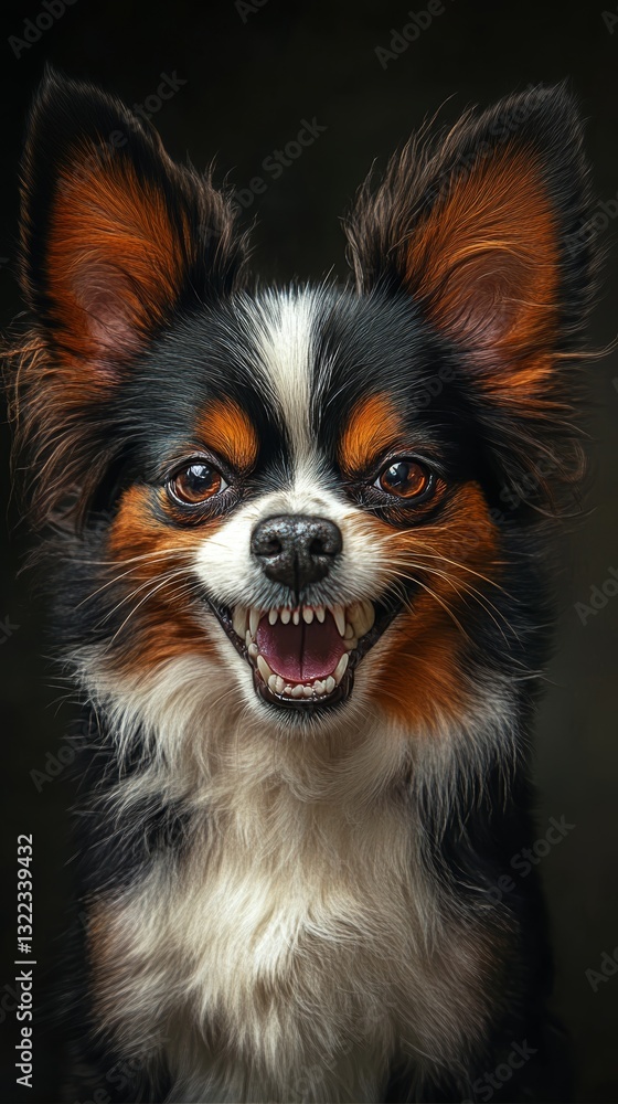 Aggressive Papillon Dog in Hyperrealistic Clean Lines Image with Detailed Texture Aggressive Papillon Dog in Hyperrealistic Clean Lines Image with Detailed Texture