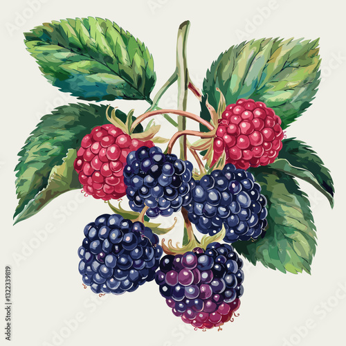 Watercolor Blackberries and Raspberries on the Vine