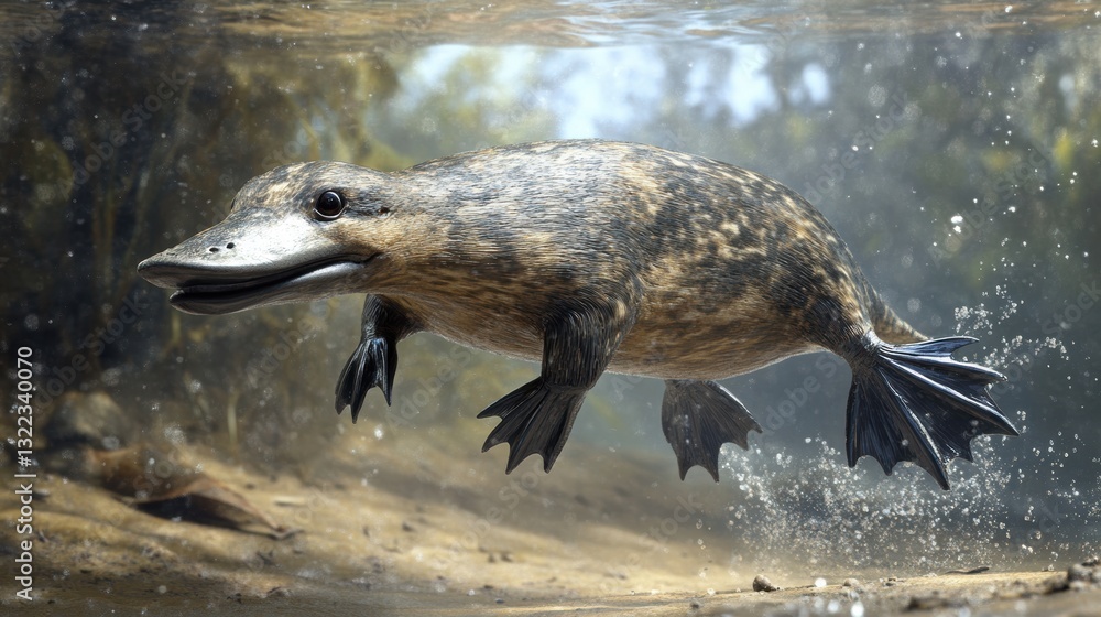 Fototapeta premium A 3D illustration of a platypus, a duck-billed, semi-aquatic mammal, with its distinctive bill and webbed feet, ready to dive into the murky depths of a freshwater stream.