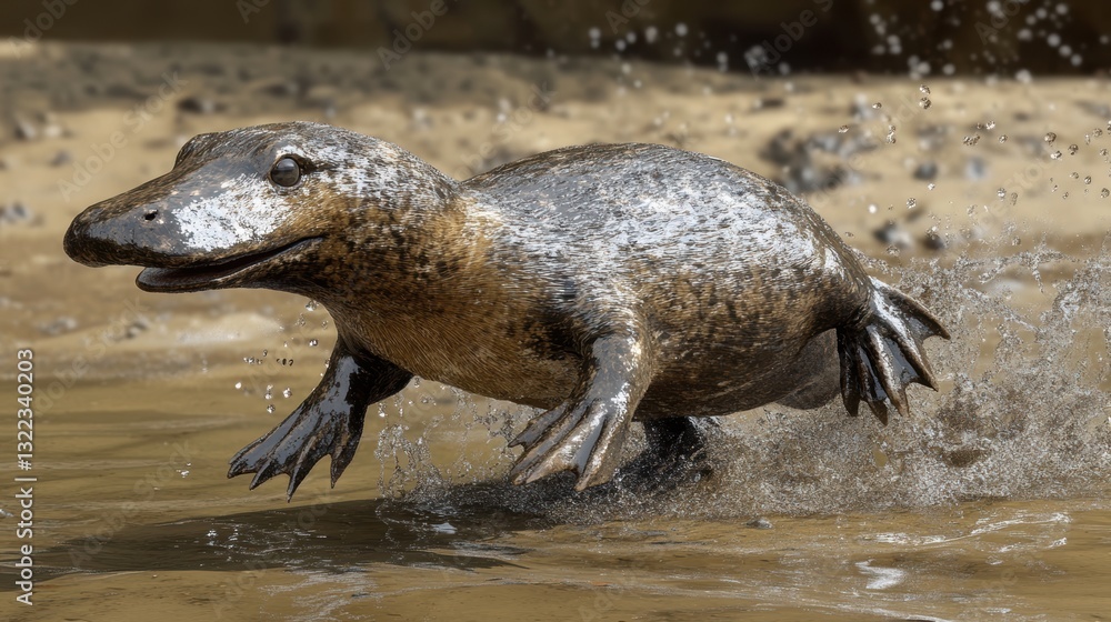 Obraz premium A 3D illustration of a platypus, a duck-billed, semi-aquatic mammal, with its distinctive bill and webbed feet, ready to dive into the murky depths of a freshwater stream.