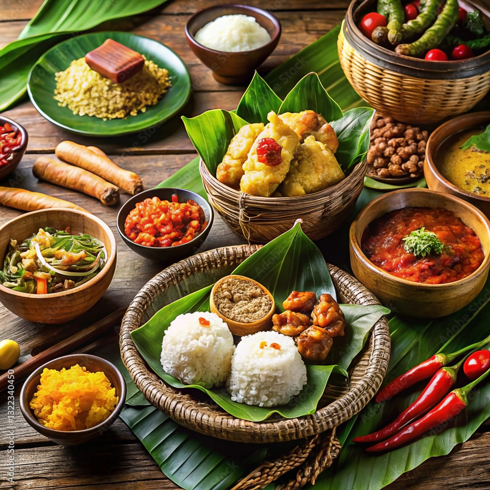 Diverse array of Asian dishes on wooden table Diverse array of Asian dishes on wooden table