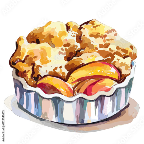 Watercolor Peach Cobbler in a Fluted Dish