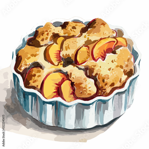 Watercolor Peach Cobbler in a Fluted Dish