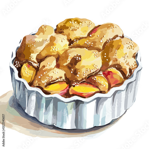 Watercolor Peach Cobbler in a Fluted Dish