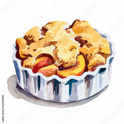 Watercolor Peach Cobbler in a Fluted Dish