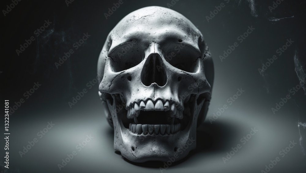 Lone human skull positioned against a dark backdrop. Monochrome image. Lone human skull positioned against a dark backdrop. Monochrome image.