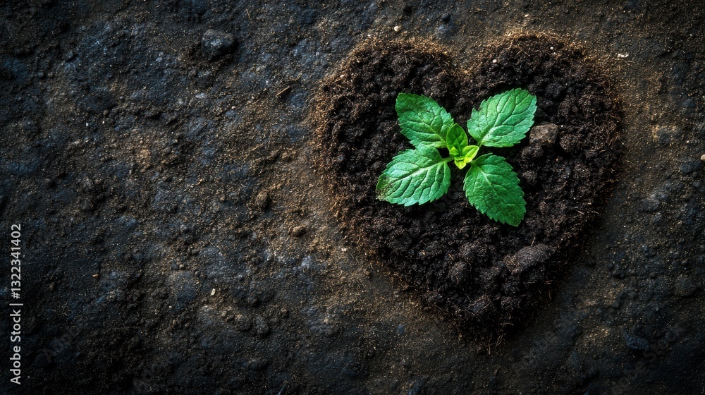Naklejka premium A slice through the earth heart reveals a verdant tapestry of soil, where a vibrant green blade of grass and a leafy green plant emerge from the depths, a testament to life resilience and the beauty